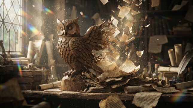 Wooden owl sculpture with transforming paper pages in library