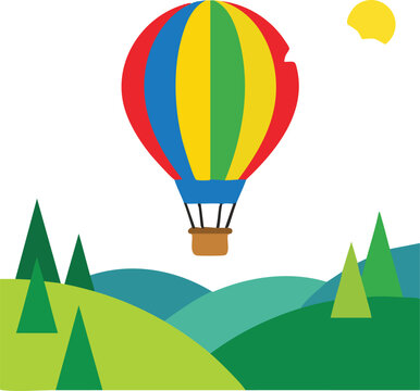 Hot Air Balloon Illustration Featuring a Colorful Flying Vessel over Green Hilly Landscapes