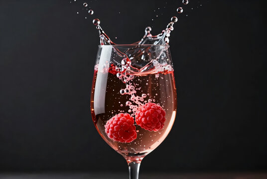 Refreshing raspberries create a splash in a sparkling drink against a dark backdrop