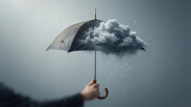 Person holding umbrella with storm cloud underneath