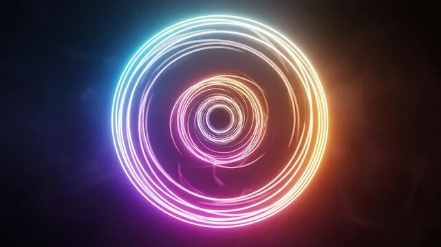 Abstract spiraling concentric glowing circles in blue and orange.