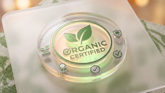 Organic certification badge concept, glowing certified seal with leaf, sprout, shield, award, checkmark icons on frosted surface, natural product, eco compliance and quality assurance