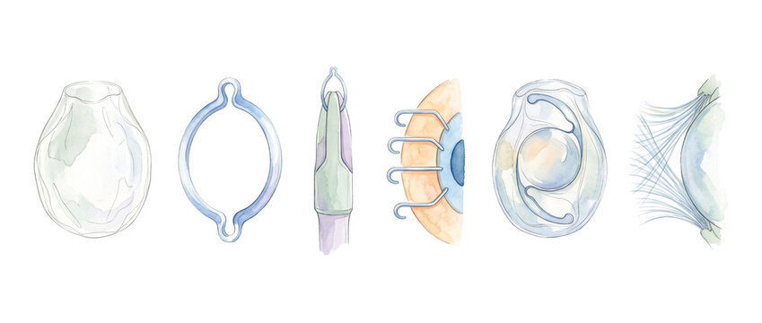 Intraocular lens cataract surgery diagram watercolor ophthalmology tools set featuring capsular tension ring, pupil expanders, and medical eye implants isolated on black background. Medical art graph.