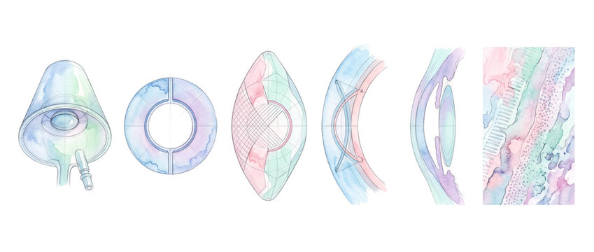 Eye lens medical illustration diagram showing contact lens design, intraocular implant cross section sketches with colorful pastel watercolor textures on black background for ophthalmology science.