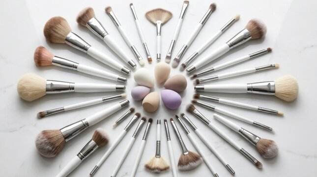 Professional makeup brush set and beauty blenders arranged in a radial pattern on a marble surface