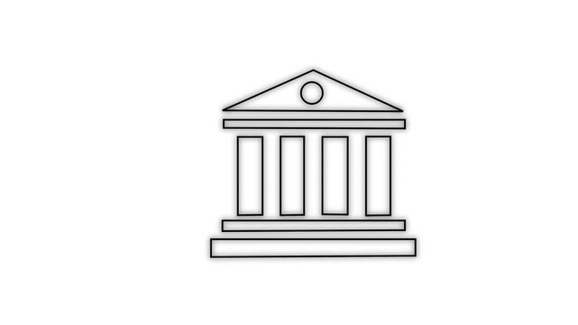 Animated white neon outline of a classical building icon representing finance, law, or government institutions.