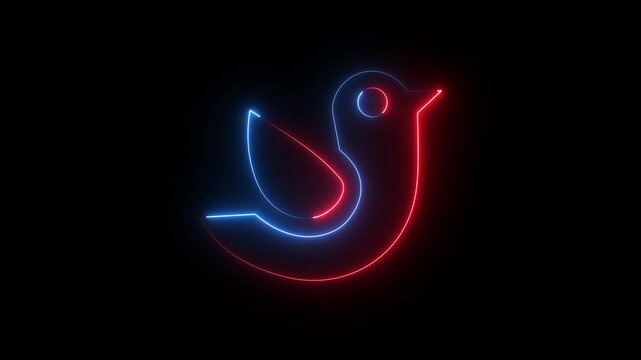 Glowing blue and red neon twitter icon for social media concept on dark black background.