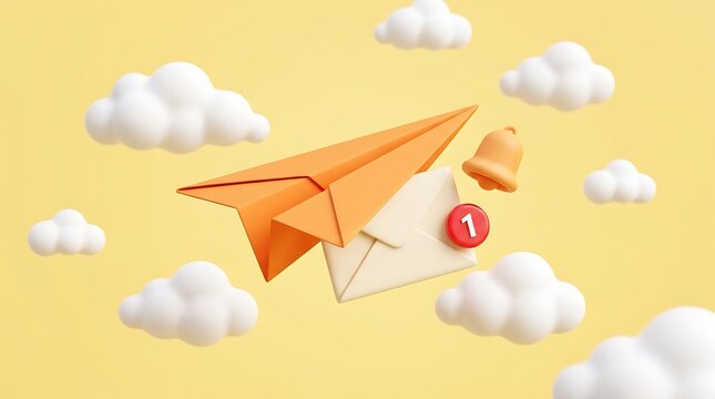 3D render of a vibrant orange paper airplane flying through fluffy white clouds, symbolizing fast message delivery and email communication. A notification bell and new email icon suggest instant