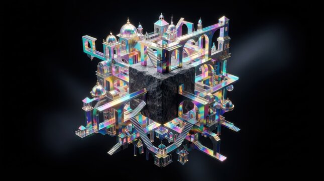 Surreal architectural cube with iridescent structures