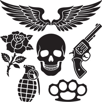 Skull and wings tattoo set. Grunge vector elements with rose, gun, and grenade silhouettes.