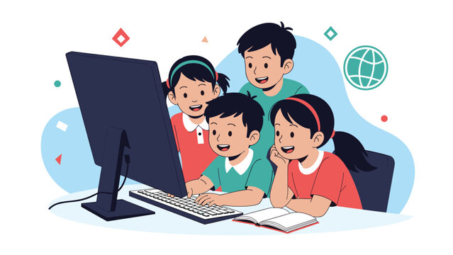 Group of curious and happy young children looking at a large computer screen together in a classroom or computer lab.