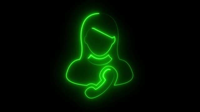Glowing green neon female customer service representative icon with phone outline on black background