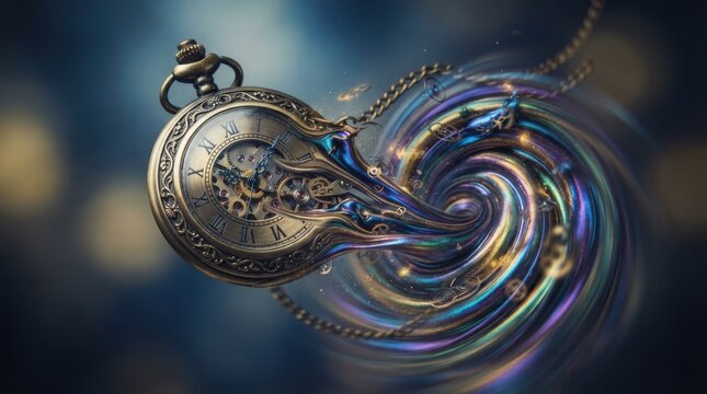 Surreal melting pocket watch with abstract time vortex