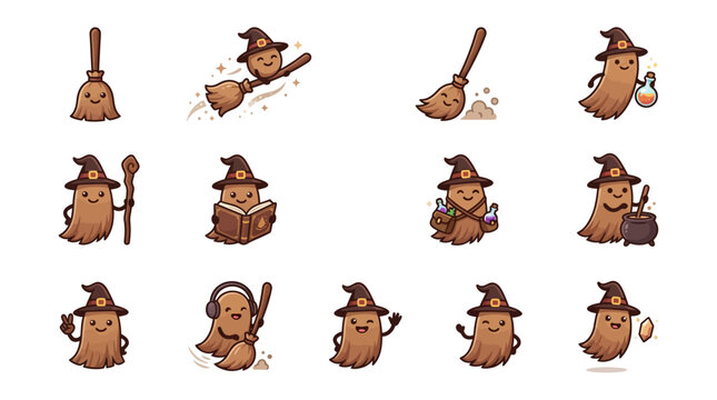 Whimsical witch broomstick character icons with magic themes.