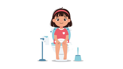 Fototapeta premium Cute little girl sitting on a white toilet toilet training in a bathroom, promoting healthy personal hygiene habits.