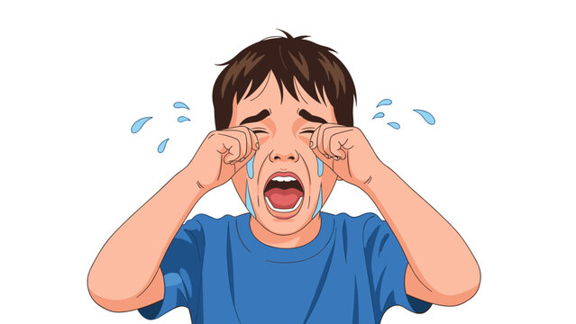 Heartbroken young boy cries bitterly with big tears running down his face and his mouth wide open in a loud sob.