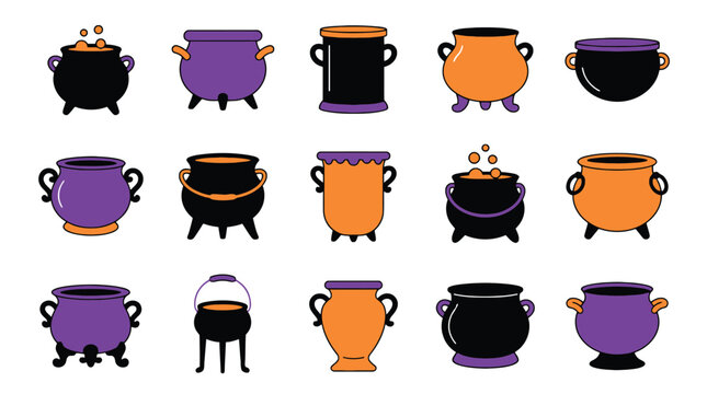 Set of various halloween vector cauldron icons featuring magical witch pots for spooky holiday designs and festive party decorations