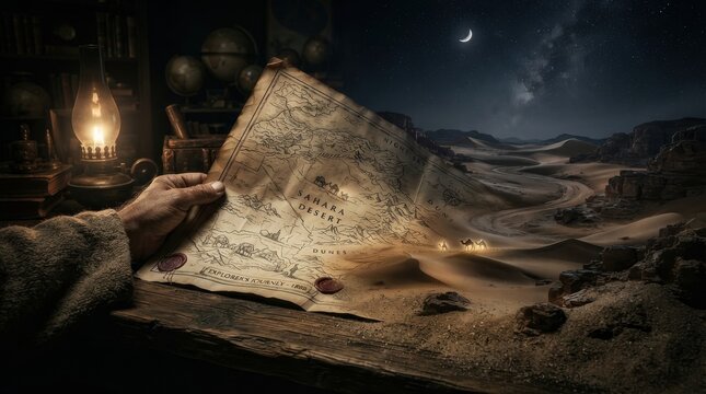 Old map of desert landscape merging with real dunes at night