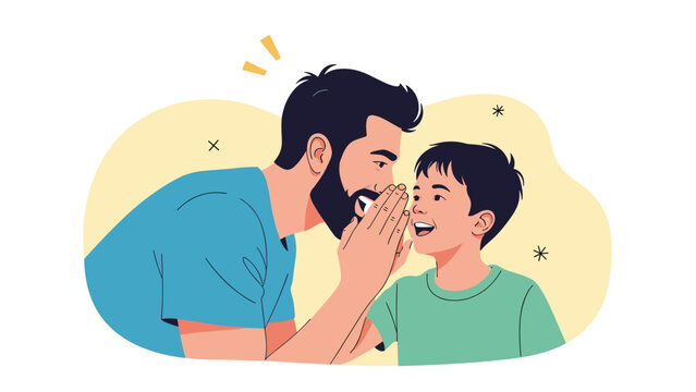 Caring father whispering a secret or funny story to his smiling son, showcasing a heartwarming parent and child connection.