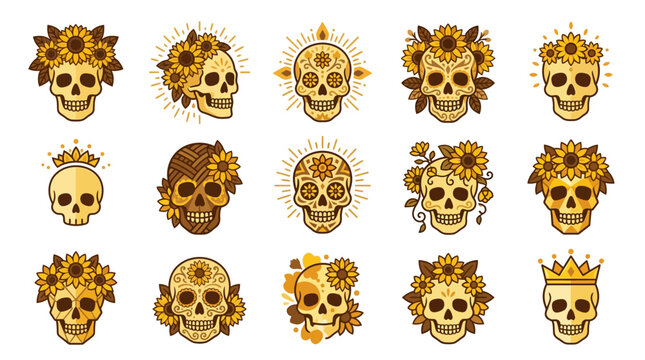 Yellow sugar skulls with sunflowers and floral crowns