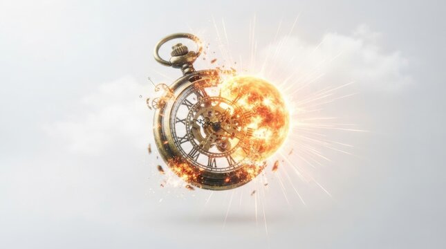 Vintage pocket watch exploding with fire and light