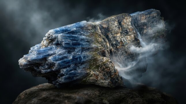 Surreal blue kyanite crystal mountain floating in mist