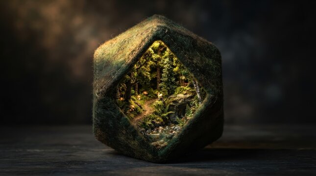Miniature forest diorama inside a geometric container