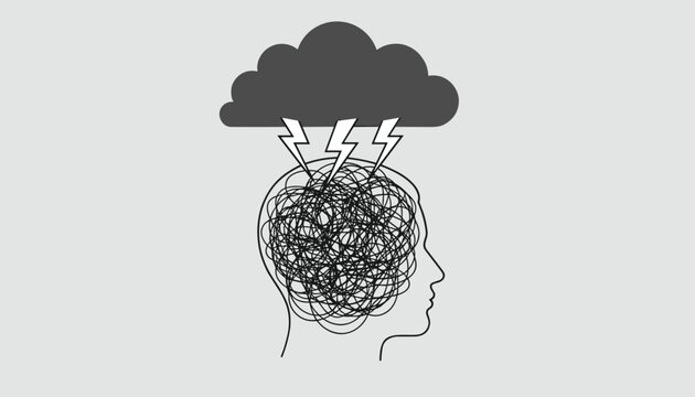 Mental health concept showing a human profile with a tangled brain under a dark storm cloud and lightning bolts.