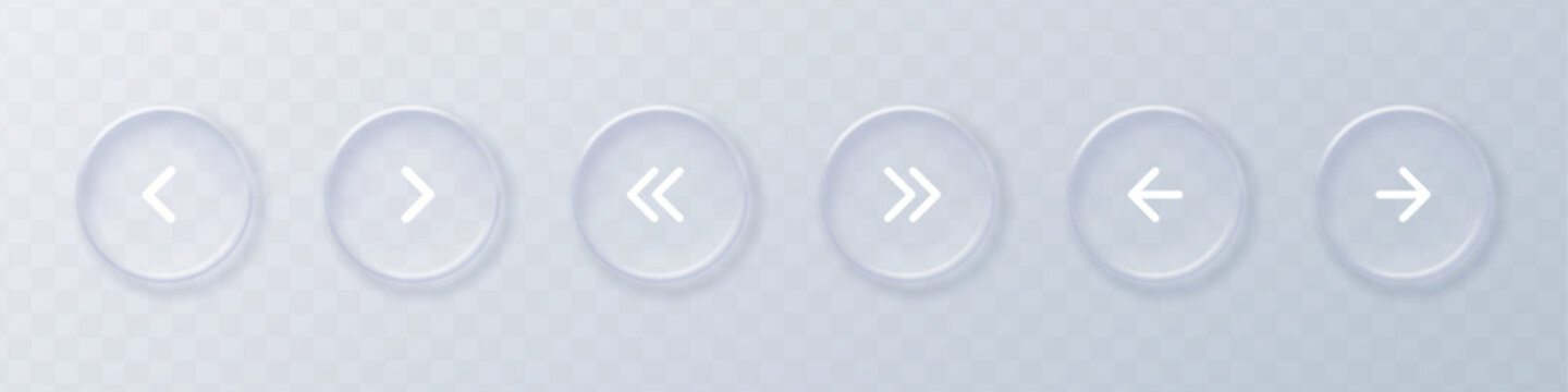 Realistic liquid glass morphism navigation arrow icon set isolated on transparent background. Frosted glossy UI buttons with left and right arrows for web and mobile app. Vector illustration
