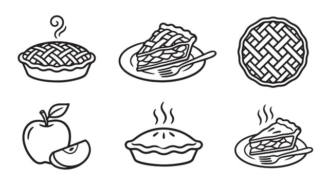 Collection of hand-drawn apple pie icons featuring whole pies and slices homemade monochrome graphical delicious minimalist culinary ingredient