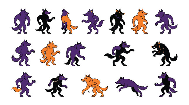 Set of various werewolf characters in different poses for a creative halloween vector design project collection