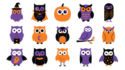 Fototapeta premium Set of cute cartoon owls and pumpkin for halloween vector illustration collection with festive holiday characters and decorations