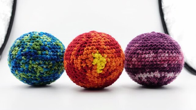 Crocheted Orb Trio: Three vibrantly colored, hand-crocheted orbs, each unique in pattern and hue, sit side-by-side, showcasing intricate textile art and playful design.