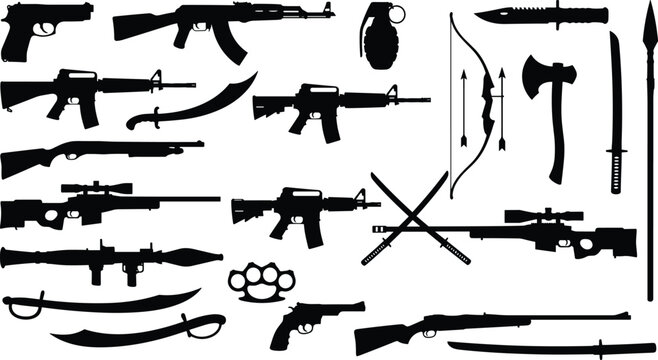 Diverse collection of military and melee weapon silhouettes including rifles, pistols, swords, and tactical gear