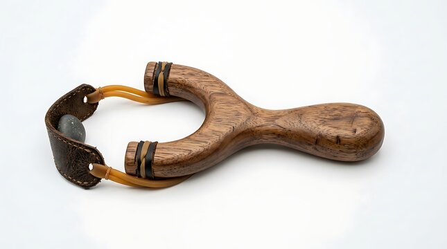 Wooden slingshot isolated on white background with classic outdoor hunting design