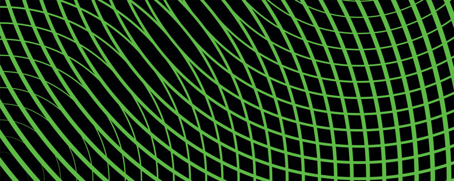 Neon green wavy grid background, abstract digital mesh pattern on black, futuristic warped wireframe vector for gaming and technology visuals