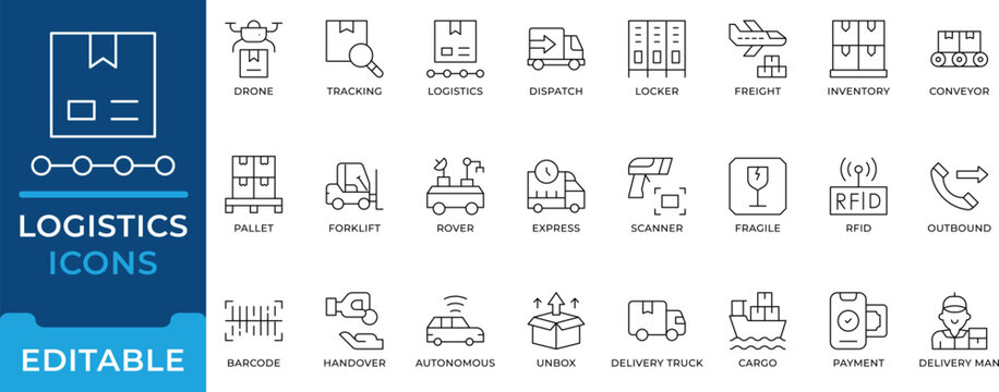 Logistics Delivery Shipping Supply Chain Line Outline Icons - editable stroke vectors for cargo transportation, freight tracking, and inventory management