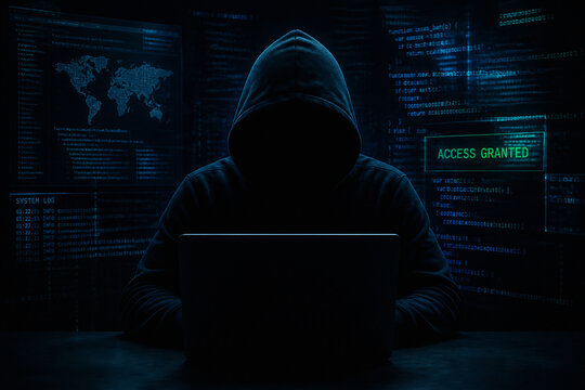 A person wearing a hoodie is sitting in front of multiple glowing computer monitors displaying lines of code and system logs.