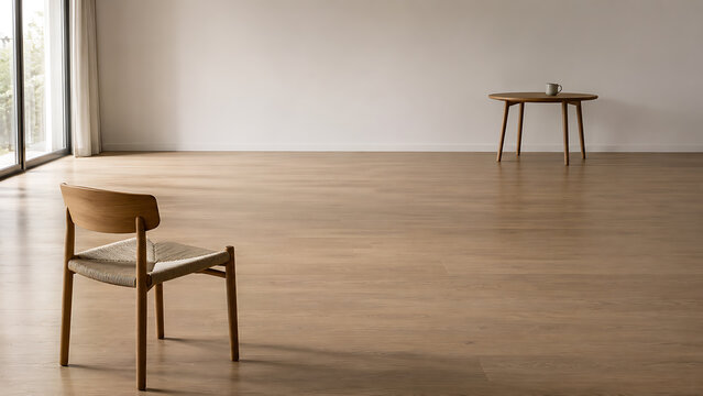 Minimalist wooden chair and side table in a bright empty room representing, Inflation doesn't just raise prices. It quietly increases the distance between people and everyday comforts.