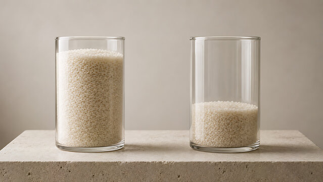 Comparison of two glass containers filled with rice representing rising food inflation and household grocery costs inflation household nutrition comparison quantity scarcity shortage spending