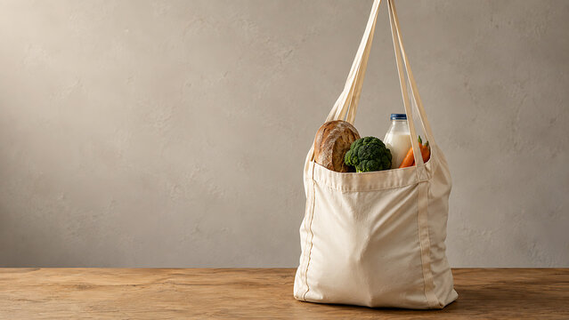 Reusable fabric grocery tote bag filled with fresh food items illustrating rising grocery basket prices shopping inflation spending lifestyle consumer supermarket vegetables ingredients