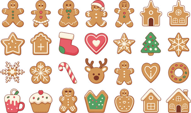 Gingerbread cookies set with festive christmas shapes including man house star tree and reindeer
