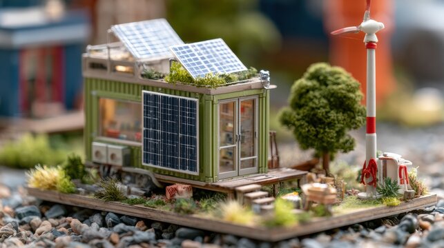 A tiny modular home with solar panels and a wind turbine sits in a bright eco-friendly scene. The setting shows a small world with details.