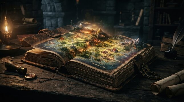 Fantasy map pop up book on wooden desk