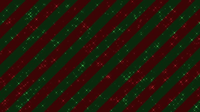 Sparkling Christmas background with diagonal red and green candy cane stripes, twinkling stars and particles.
