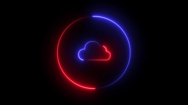 neon cloud icon in a circle glows in dark space.  Interactive cloud icon tracks database file download percentages. User interface asset showing cloud icon. 
