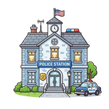 Police station building with patrol car. Cartoon style law enforcement office exterior.