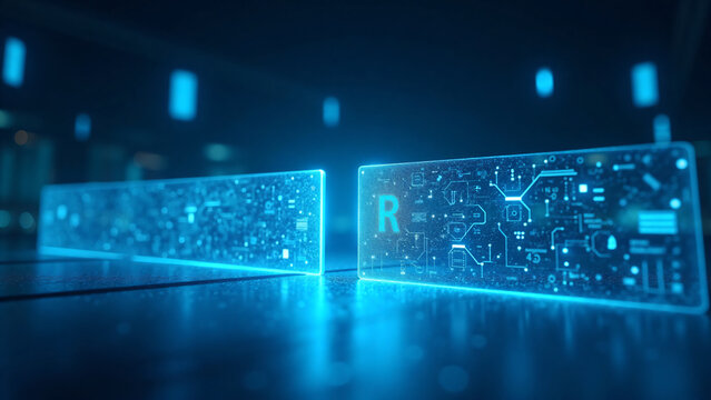 A glowing cyber border between two countries with bright blue technology environment and elegant composition