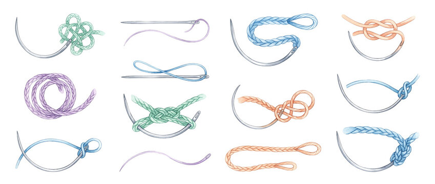 Surgical needle suture thread knot icons for medical sewing and textile craft illustration set isolated on black background, showcasing various colored cords, ropes, braids, and needlework loops art.