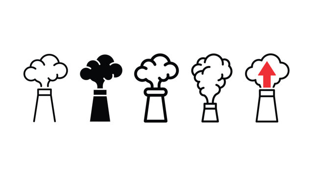 Five different colored chimney smoke factory icon in various styles and colors on a white background